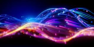 Abstract 3D render showing glowing light waves and neon lines representing wave-based energy and digital signals.