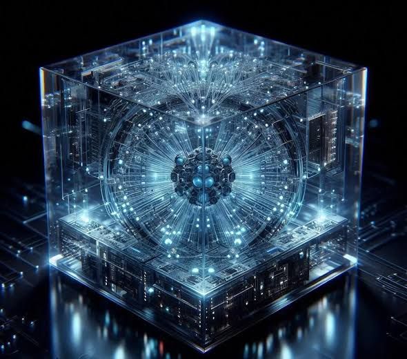A conceptual digital rendering of quantum bits interacting in a network architecture to represent computational security.