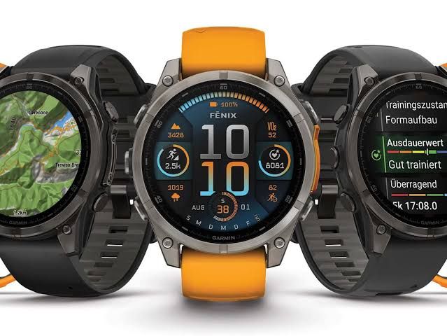 Close-up of a Garmin Fenix 8 smartwatch display showing high-performance multisport tracking metrics.