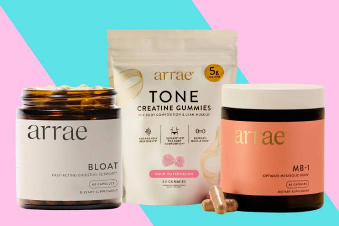 Arrae brand dietary supplements in bottles and gummy packaging displayed on a neutral background.