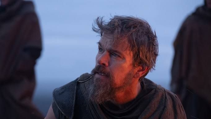 Matt Damon in a scene from The Odyssey during a high-stakes cinematic sequence.