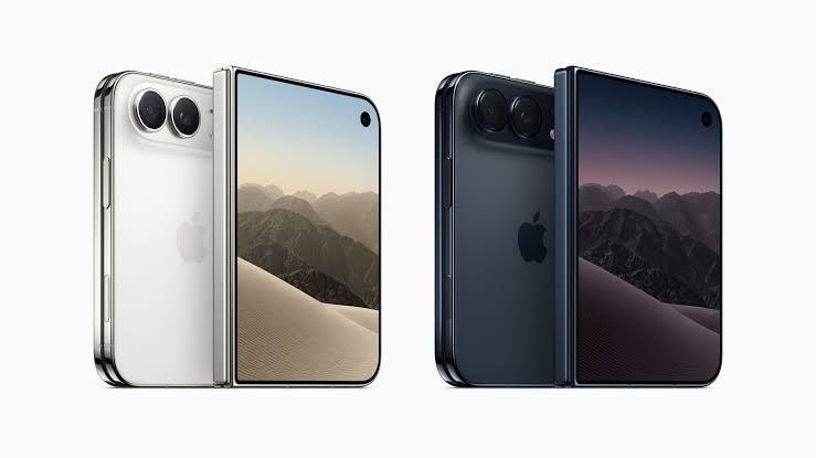 The new Apple iPhone Duo displayed on a table showing its folding screen mechanics.