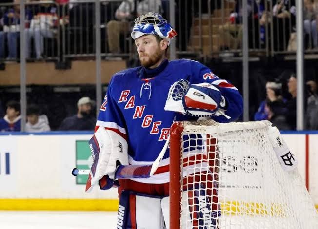 Jonathan Quick in his New York Rangers goaltending gear on the ice during a team practice session.