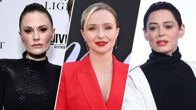 Anna Paquin, Hayden Panettiere, and Rose McGowan appearing at different industry events.