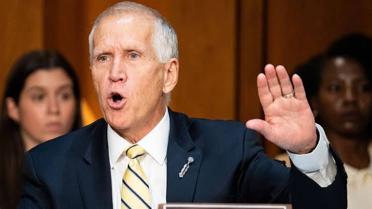Senator Thom Tillis questioning acting Attorney General Todd Blanche during a Senate confirmation hearing.