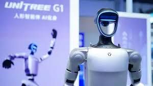 Unitree G1 humanoid robot displayed at a technology convention in Beijing.