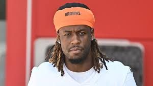 Wide receiver Jerry Jeudy looking at the camera during a press appearance for the Cleveland Browns.