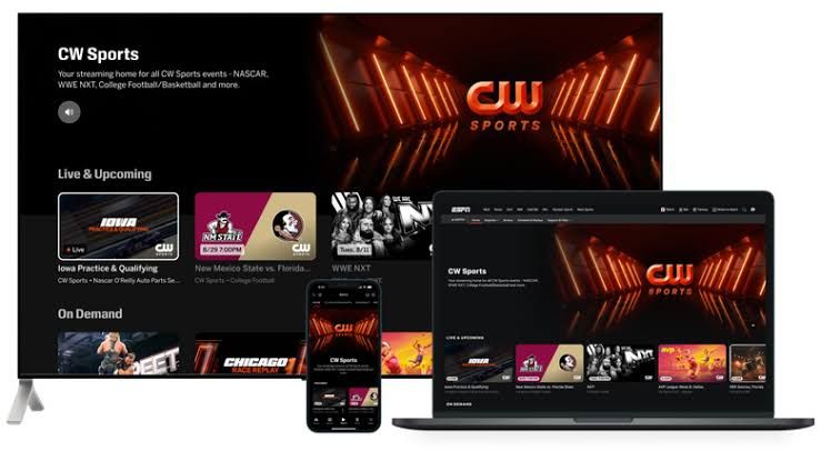 Digital interface displaying The CW Sports logo alongside ESPN streaming application branding on mobile and TV screens.