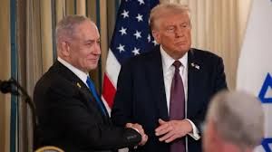 Donald Trump and Benjamin Netanyahu shaking hands in July at the White House.