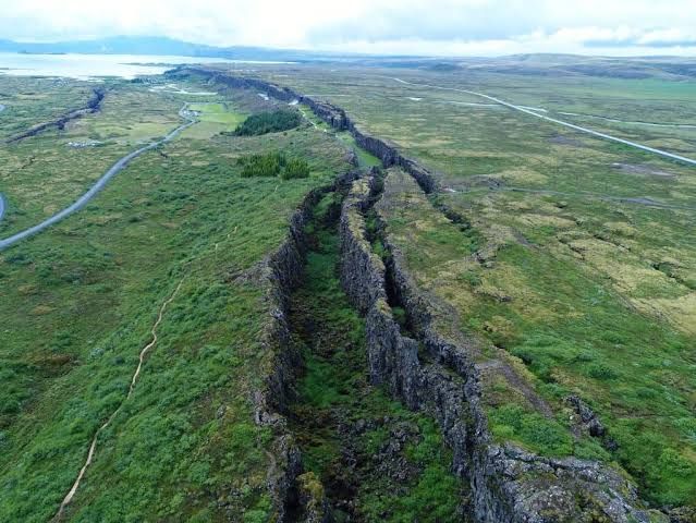 Aerial view of the Mid-Atlantic Ridge at Thingvellir National Park showing the boundary of tectonic plates.