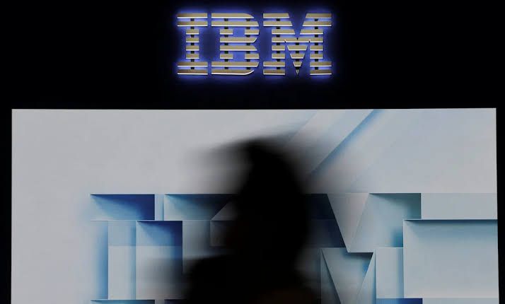 IBM logo displayed on a digital financial trading screen showing a sharp red decline.