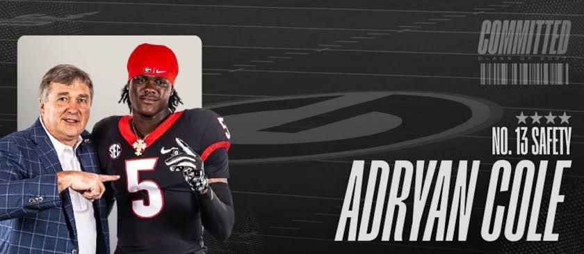 Four-star safety prospect Adryan Cole posing in a Georgia Bulldogs uniform.