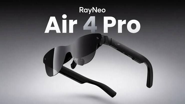 A person wearing RayNeo Air 4 Pro glasses while holding a handheld gaming console during a test.