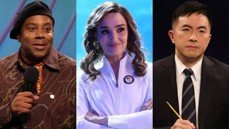 Kenan Thompson, Chloe Fineman, and Bowen Yang working together during a Saturday Night Live segment.