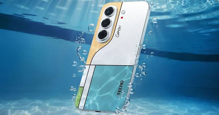 Tecno Camon Slim 5G smartphone with a colorful geometric back pattern floating in water with air bubbles.