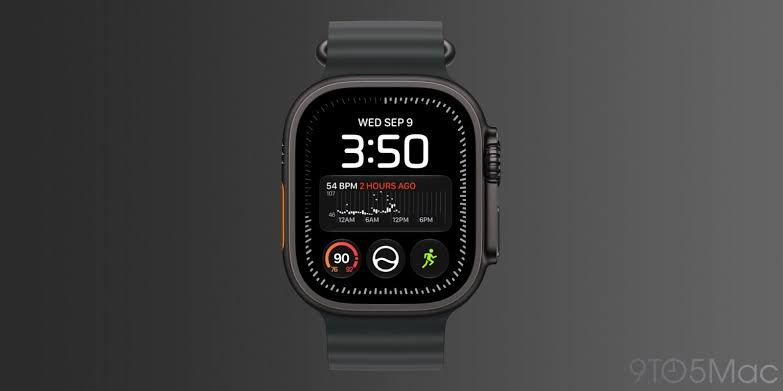 Close-up of an Apple Watch Ultra displaying the new Siri Modular face with detailed complications and a gold bezel.