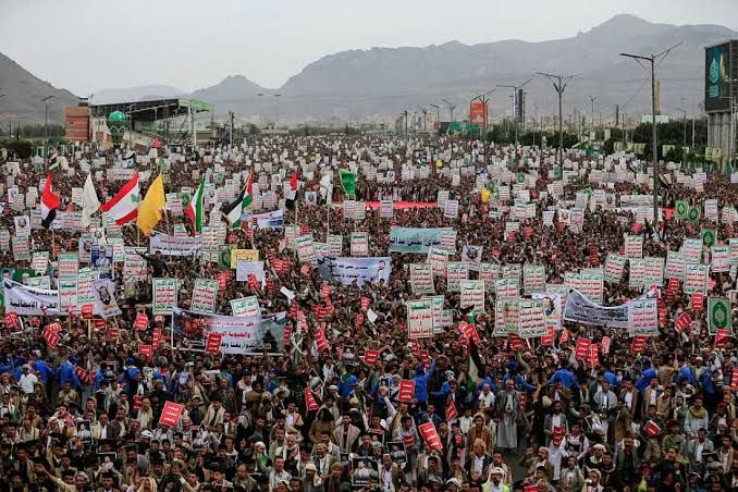 Yemeni supporters gather at a rally in Sanaa to protest against Saudi-led coalition restrictions.
