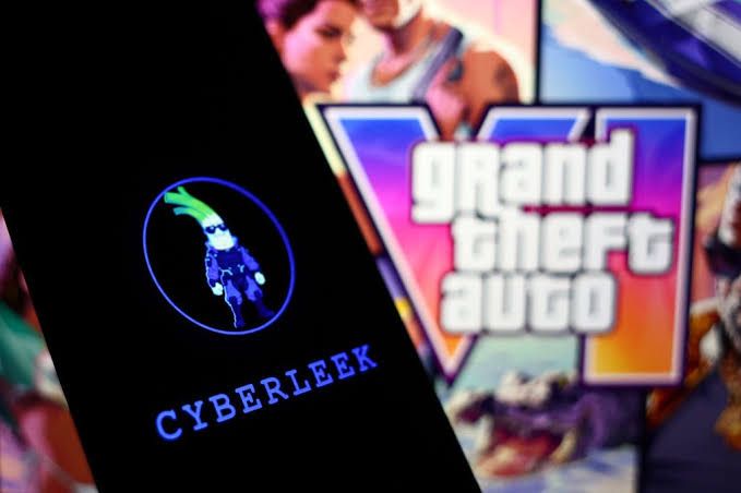 Rockstar Games logo displayed on a digital screen during a press conference about the GTA VI data breach.