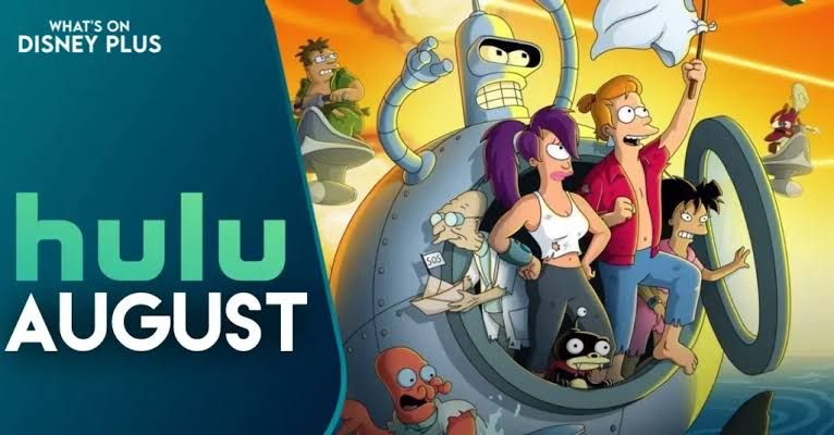 Promotional graphic for Hulu and Disney plus showing the list of new shows and movies arriving in August 2026.