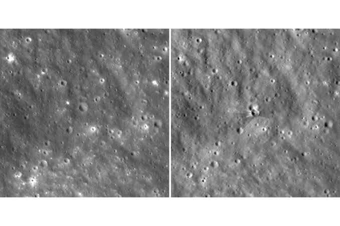 NASA Lunar Reconnaissance Orbiter comparison photos showing a new impact crater on the moon caused by a SpaceX rocket.