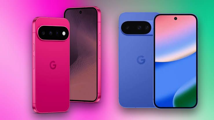 Pixel 11 and Pixel 10 smartphones displayed side by side to show the difference in the rear camera bar glass design.