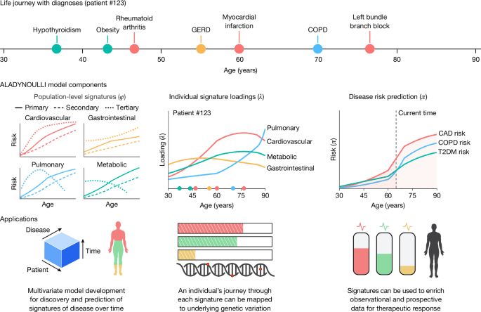 A diagram illustrating the ALADYNOULLI model showing patient timelines, signature loadings, and disease risk trajectories.