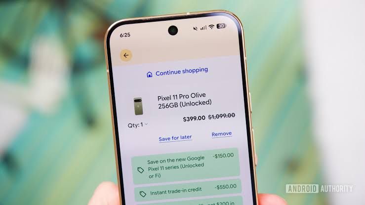 A shopping cart screen on the Google Store displaying a Pixel 11 Pro at a discounted price of $399.