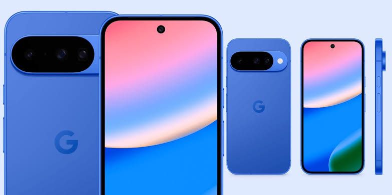 Blue Google Pixel 10 smartphone displaying a pink and blue screen interface.