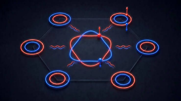 Close-up laboratory visualization of dual atomic layers reflecting superconducting electron states in a thin film.