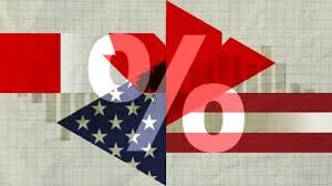 Graphic showing stylised images of Canadian and US flags layered over fluctuating economic trend lines.