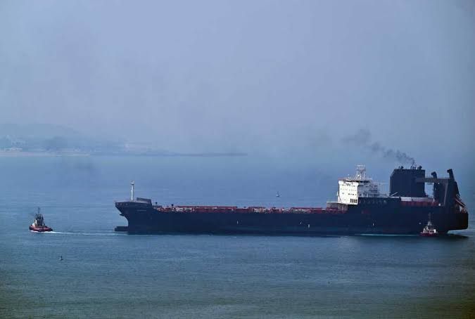 A tugboat guides a ship at the Khor Fakkan Container Terminal in Sharjah Emirate along the Gulf of Oman.