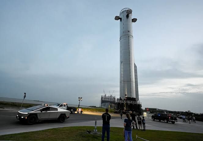 Booster 20 at the Starbase production facility for the 13th Starship test flight in Texas.