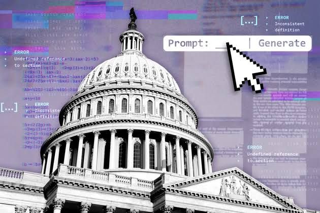 Illustration of the U.S. Capitol dome surrounded by distorted lines of computer code and screen glitch effects.