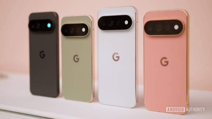 Four Google Pixel 11 Pro and Pro XL smartphones displayed in different color finishes side by side.