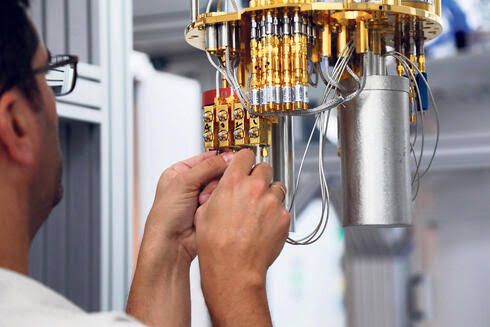 A stylized representation of a quantum computing processor module inside a research lab environment.