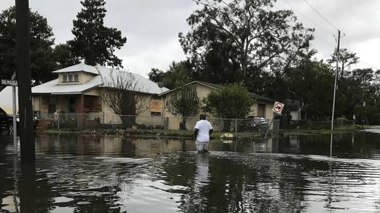 Semona Holmes stands in floodwater on a residential street in Brunswick, Georgia, near a former industrial site.