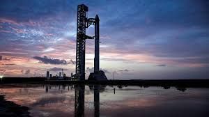 The 407-foot Starship rocket sits on the launch pad at Starbase in Texas ahead of a test flight.
