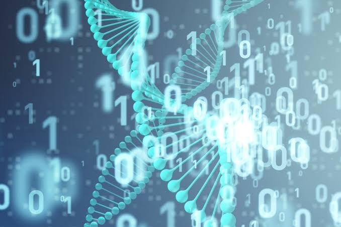 A conceptual view of digital DNA strands and code representing a security breach at a genomic testing facility.
