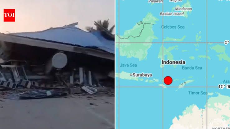 Aerial view of damaged coastal buildings in the Flores region following a 7.7 magnitude earthquake in Indonesia.