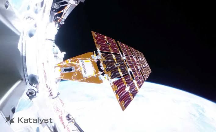 A solar array on the Link satellite captured by an onboard camera while in orbit.