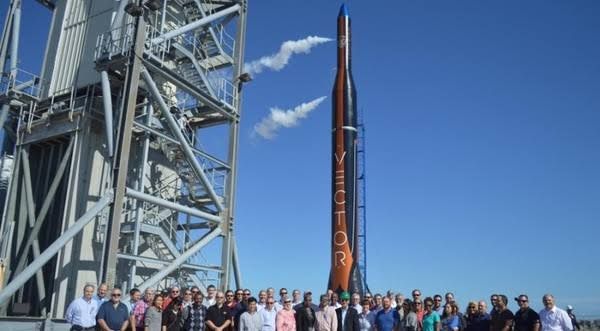 Vector Launch rocket at the pad, reflecting a failed effort to reach orbit despite significant venture funding.