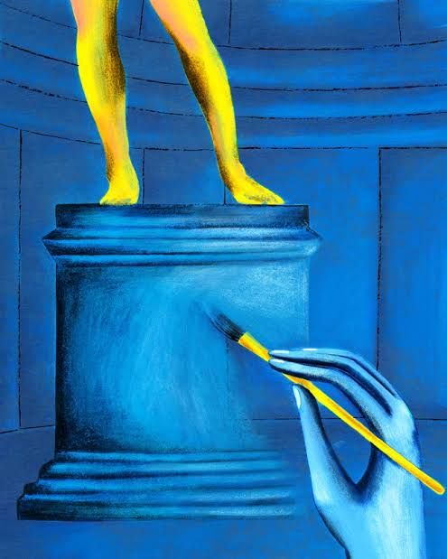 Illustration showing a hand painting a detailed replica of the statue of David on a canvas.