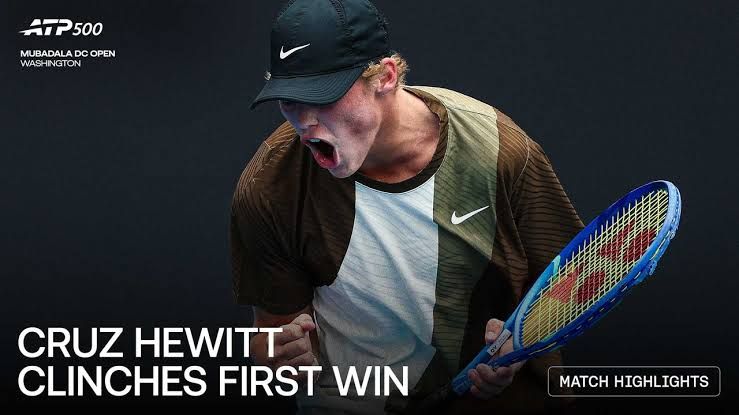 Seventeen-year-old Cruz Hewitt celebrating his first professional ATP Tour win on the court in Washington.