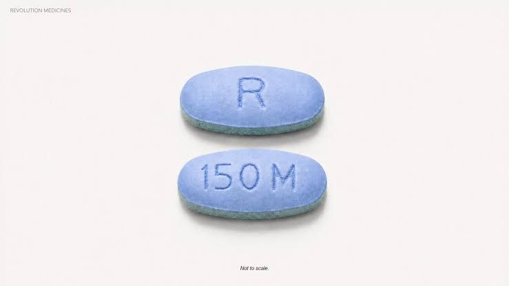 A close-up view of the Rasonque pill packaging from Revolution Medicines, used to treat pancreatic cancer patients.