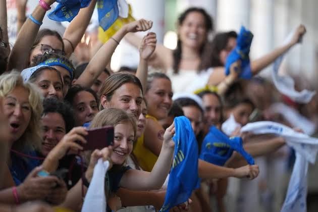 Pope Leo XIV speaking to a large crowd at the Meeting for Friendship Among Peoples in Rimini, Italy.