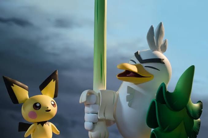 Sirfetch'd and Pichu characters in a claymation style from the upcoming Pokémon Tales series.