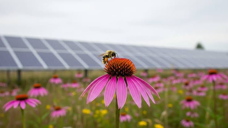 Native wildflowers blooming in rows beneath solar panel arrays in a Minnesota farm field.