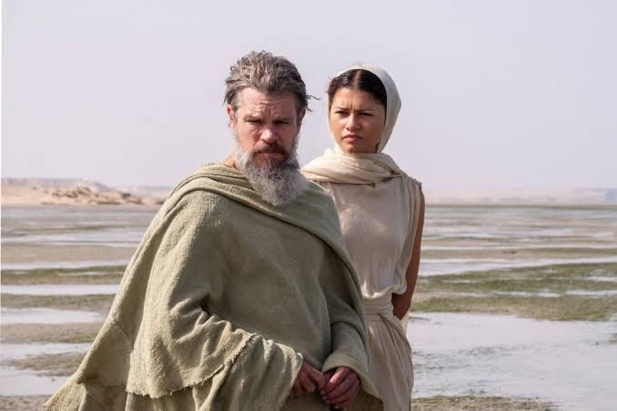 Matt Damon and Zendaya on set for The Odyssey, a film directed by Christopher Nolan.