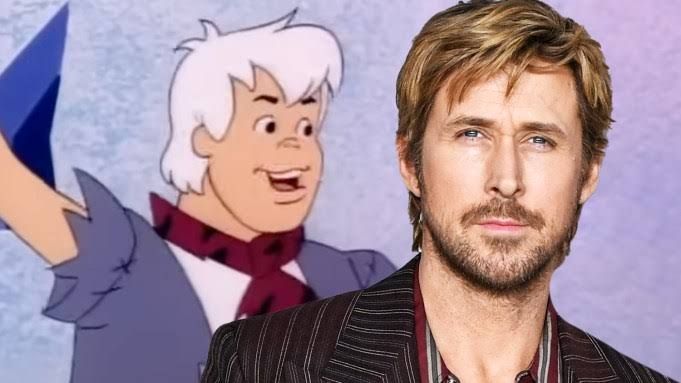 Ryan Gosling standing near a graphic of Bamm-Bamm Rubble from the original Flintstones animated series.