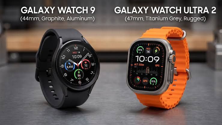 Samsung Galaxy Watch 9 and Galaxy Watch Ultra 2 displayed side-by-side on a neutral surface.